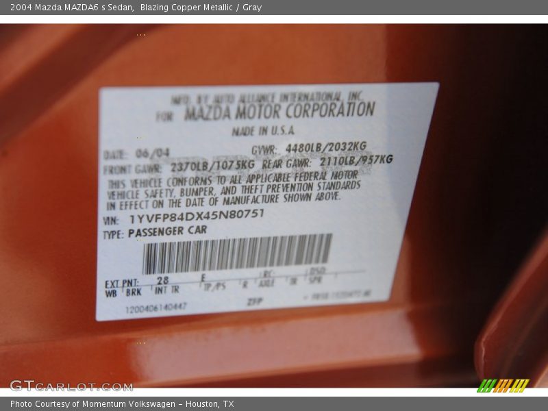 2004 MAZDA6 s Sedan Blazing Copper Metallic Color Code 28E