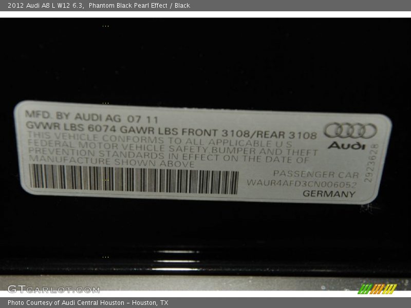 Phantom Black Pearl Effect / Black 2012 Audi A8 L W12 6.3