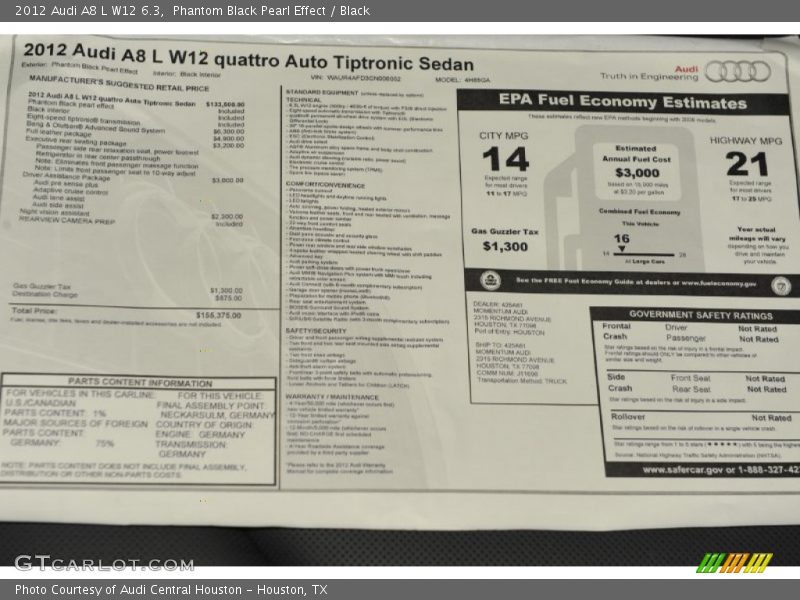  2012 A8 L W12 6.3 Window Sticker