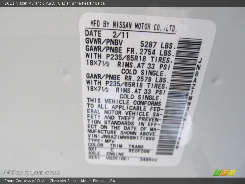 Glacier White Pearl / Beige 2011 Nissan Murano S AWD