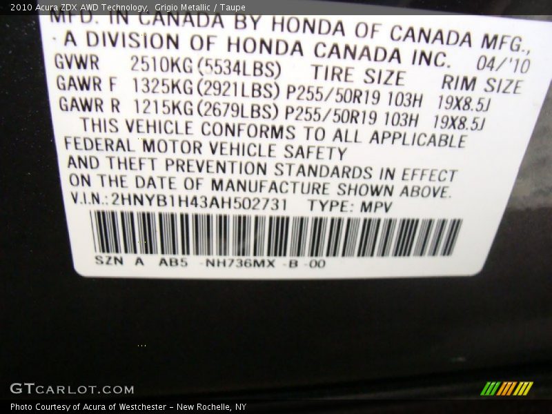 2010 ZDX AWD Technology Grigio Metallic Color Code NH736MX