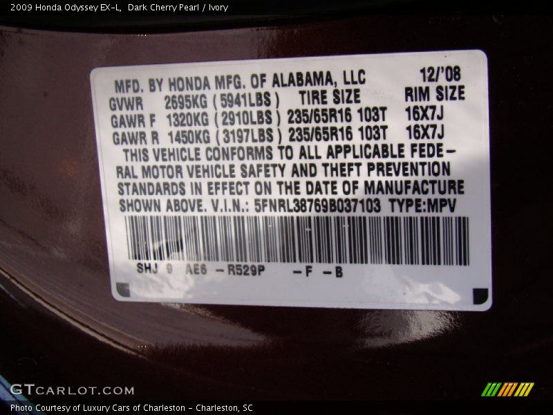 Dark Cherry Pearl / Ivory 2009 Honda Odyssey EX-L