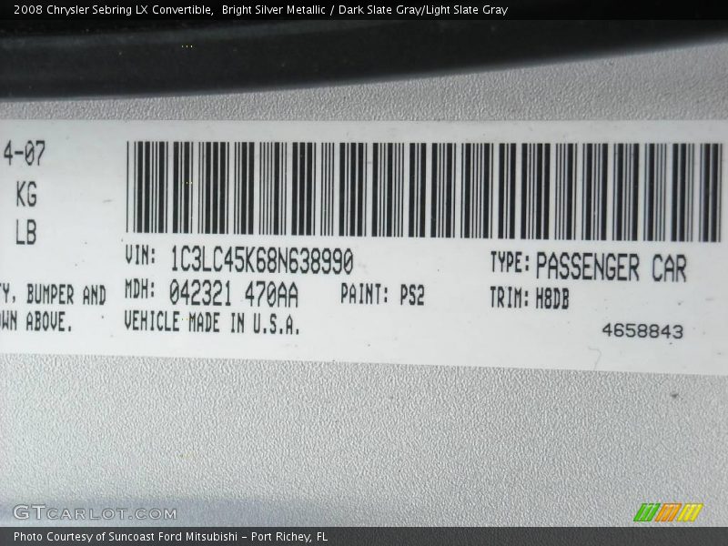 Bright Silver Metallic / Dark Slate Gray/Light Slate Gray 2008 Chrysler Sebring LX Convertible