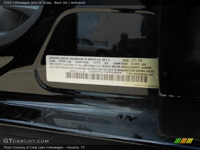 Black Uni / Anthracite 2009 Volkswagen Jetta SE Sedan