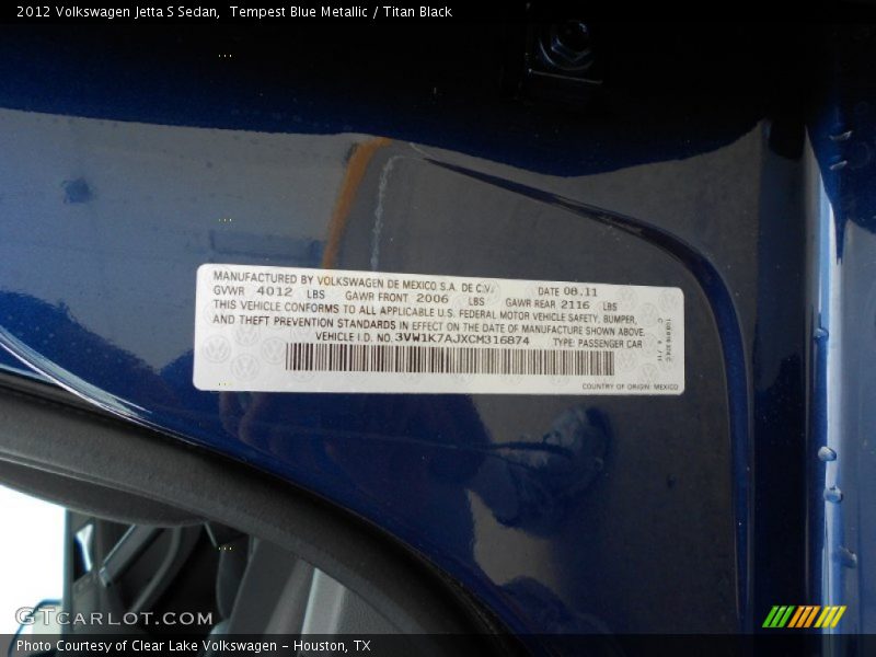 Tempest Blue Metallic / Titan Black 2012 Volkswagen Jetta S Sedan