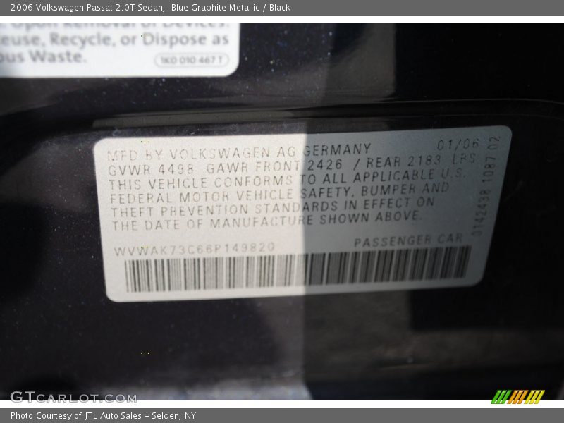 Blue Graphite Metallic / Black 2006 Volkswagen Passat 2.0T Sedan