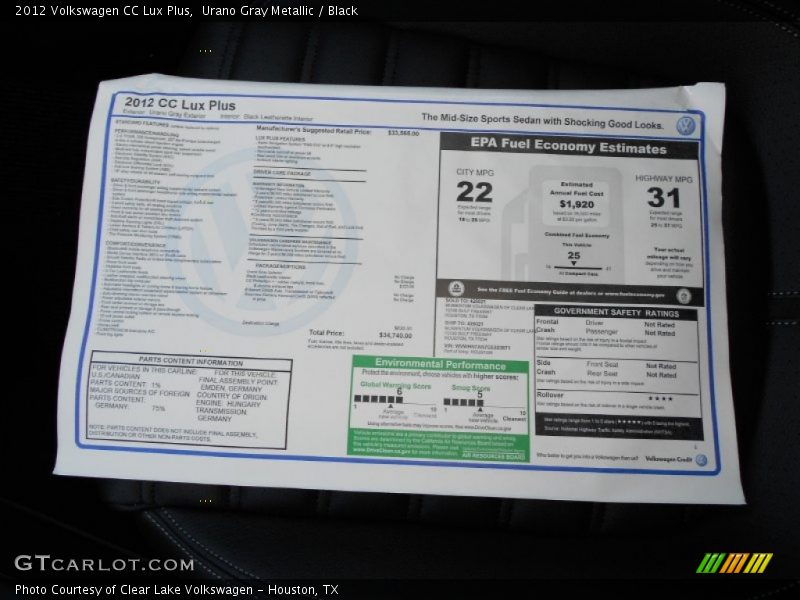  2012 CC Lux Plus Window Sticker