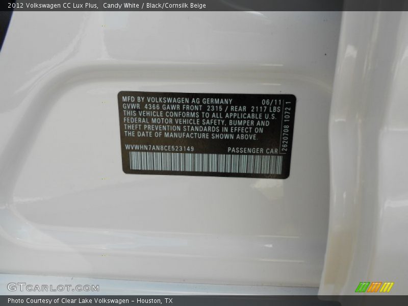 Candy White / Black/Cornsilk Beige 2012 Volkswagen CC Lux Plus