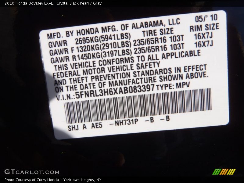 Crystal Black Pearl / Gray 2010 Honda Odyssey EX-L
