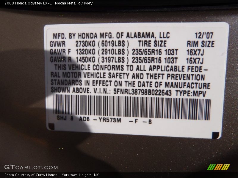 Mocha Metallic / Ivory 2008 Honda Odyssey EX-L