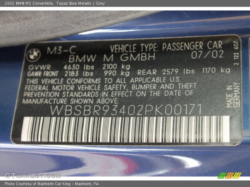 Topaz Blue Metallic / Grey 2002 BMW M3 Convertible