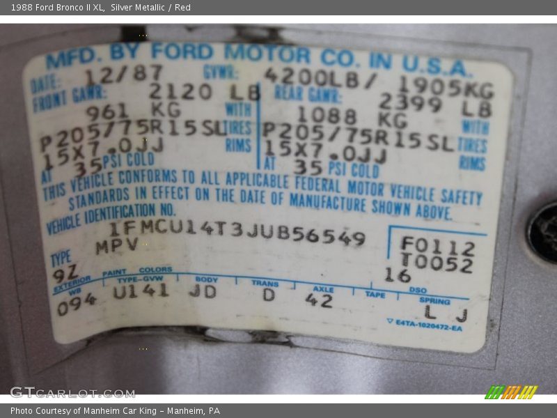 Silver Metallic / Red 1988 Ford Bronco II XL