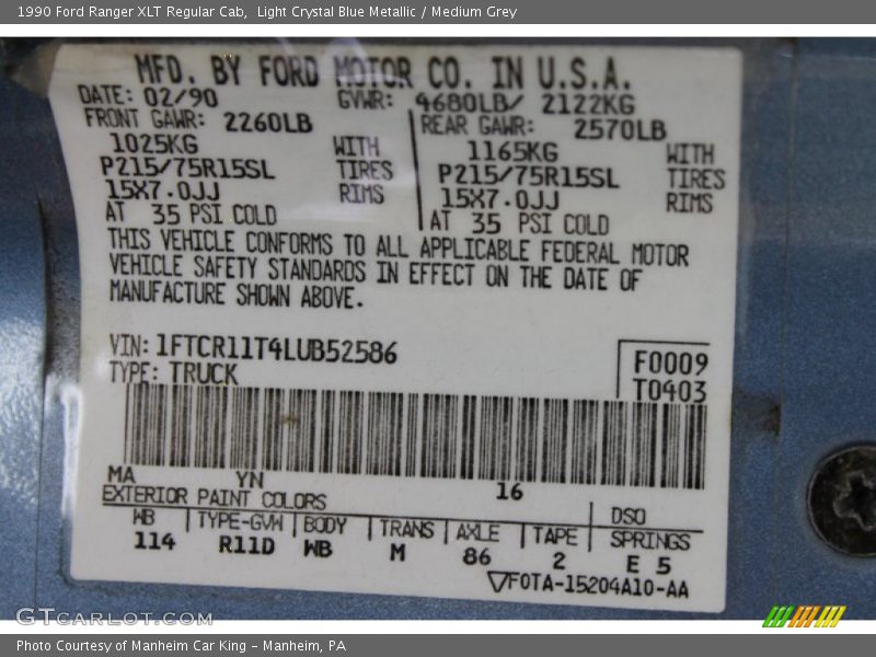 1990 Ranger XLT Regular Cab Light Crystal Blue Metallic Color Code MA