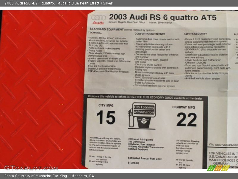  2003 RS6 4.2T quattro Window Sticker