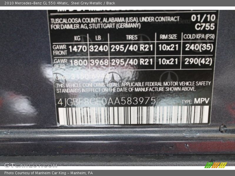 Steel Grey Metallic / Black 2010 Mercedes-Benz GL 550 4Matic