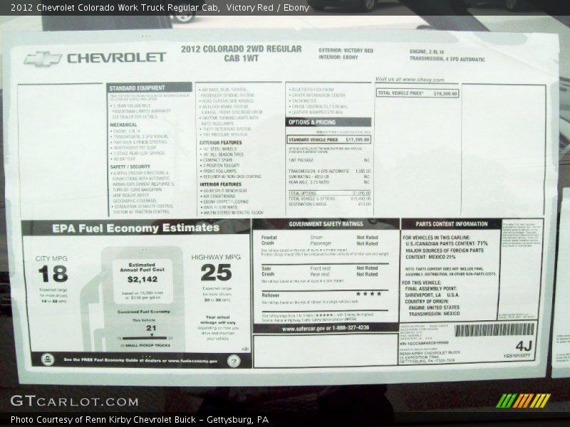  2012 Colorado Work Truck Regular Cab Window Sticker