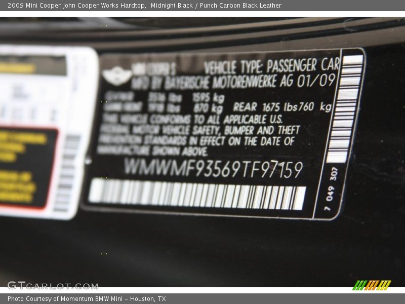 Midnight Black / Punch Carbon Black Leather 2009 Mini Cooper John Cooper Works Hardtop