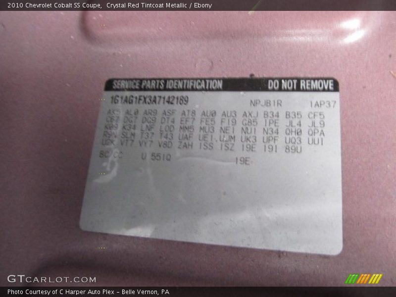 Info Tag of 2010 Cobalt SS Coupe