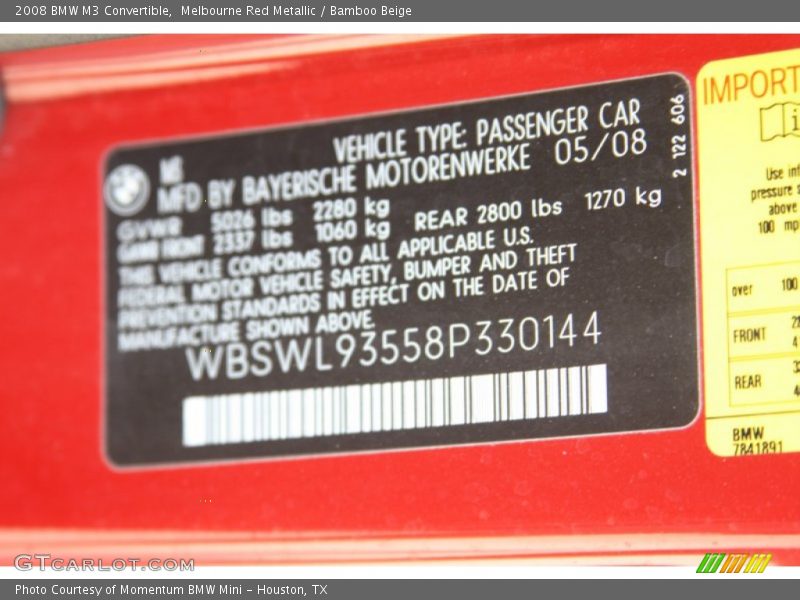 Info Tag of 2008 M3 Convertible