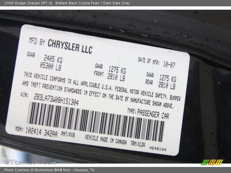 2008 Charger SRT-8 Brilliant Black Crystal Pearl Color Code PXR