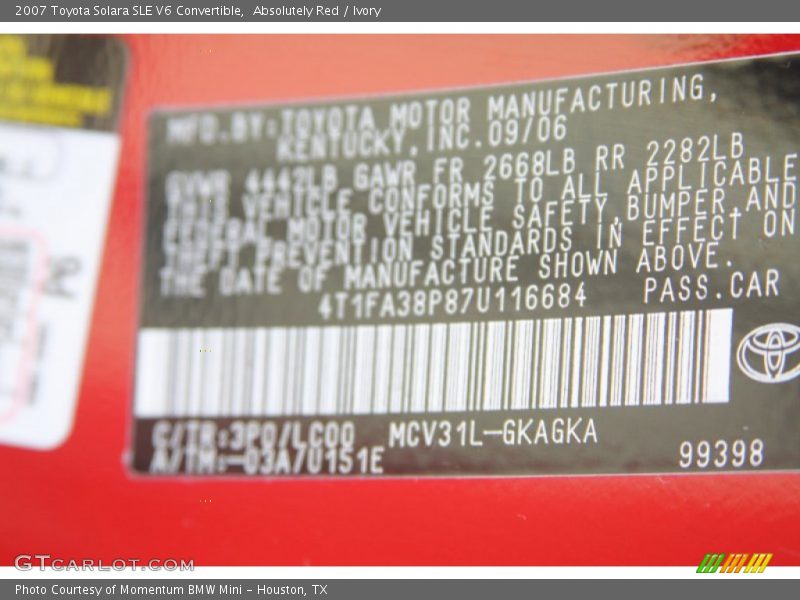 Absolutely Red / Ivory 2007 Toyota Solara SLE V6 Convertible