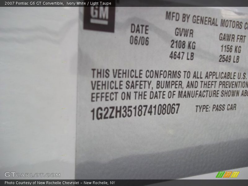Ivory White / Light Taupe 2007 Pontiac G6 GT Convertible