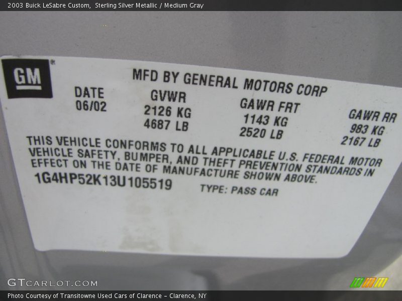 Sterling Silver Metallic / Medium Gray 2003 Buick LeSabre Custom