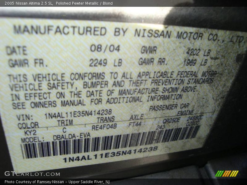 Polished Pewter Metallic / Blond 2005 Nissan Altima 2.5 SL