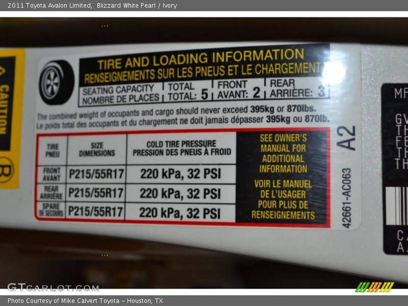 Blizzard White Pearl / Ivory 2011 Toyota Avalon Limited