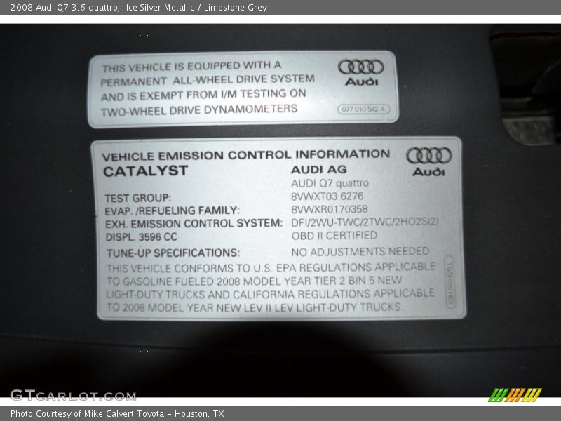 Info Tag of 2008 Q7 3.6 quattro