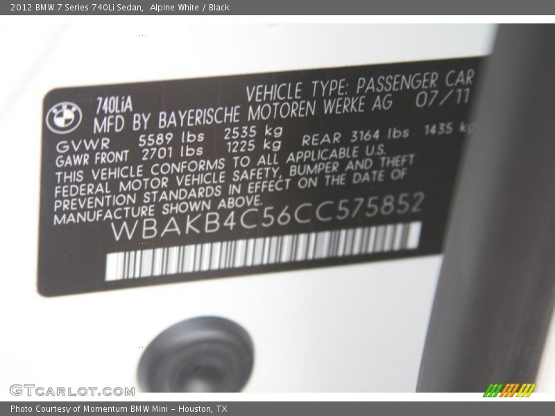 Alpine White / Black 2012 BMW 7 Series 740Li Sedan