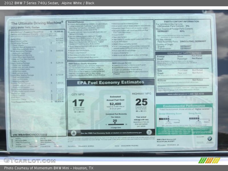 Alpine White / Black 2012 BMW 7 Series 740Li Sedan