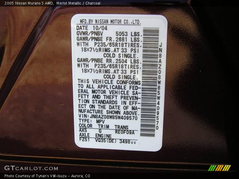 Merlot Metallic / Charcoal 2005 Nissan Murano S AWD