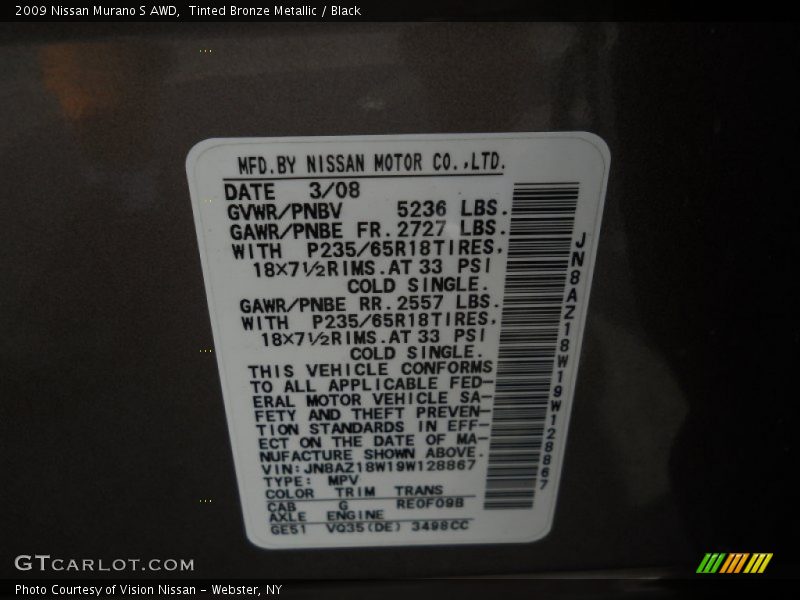 Tinted Bronze Metallic / Black 2009 Nissan Murano S AWD