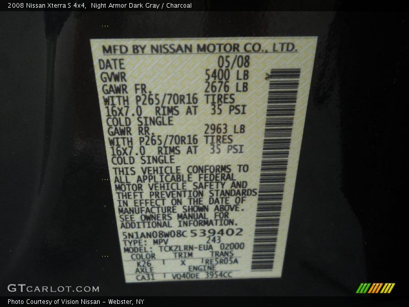 Night Armor Dark Gray / Charcoal 2008 Nissan Xterra S 4x4