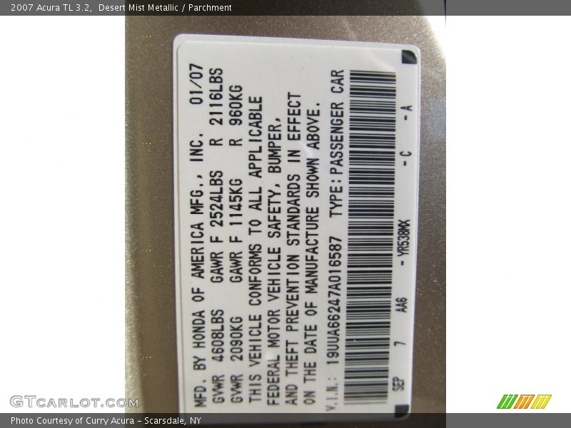 2007 TL 3.2 Desert Mist Metallic Color Code YR538MX