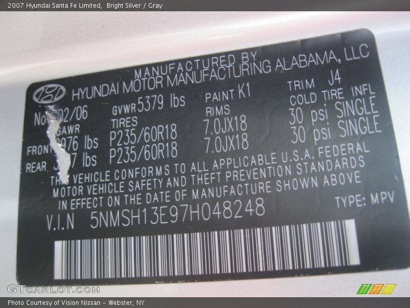 Bright Silver / Gray 2007 Hyundai Santa Fe Limited
