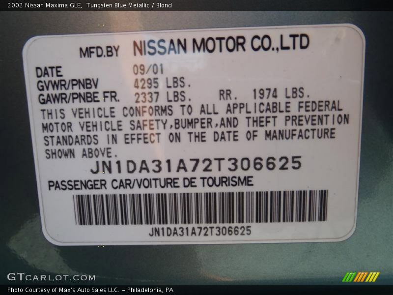 Tungsten Blue Metallic / Blond 2002 Nissan Maxima GLE