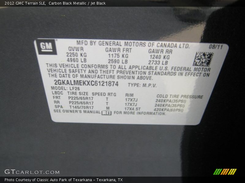 Carbon Black Metallic / Jet Black 2012 GMC Terrain SLE