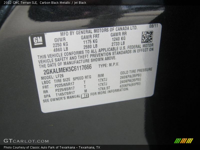 Carbon Black Metallic / Jet Black 2012 GMC Terrain SLE