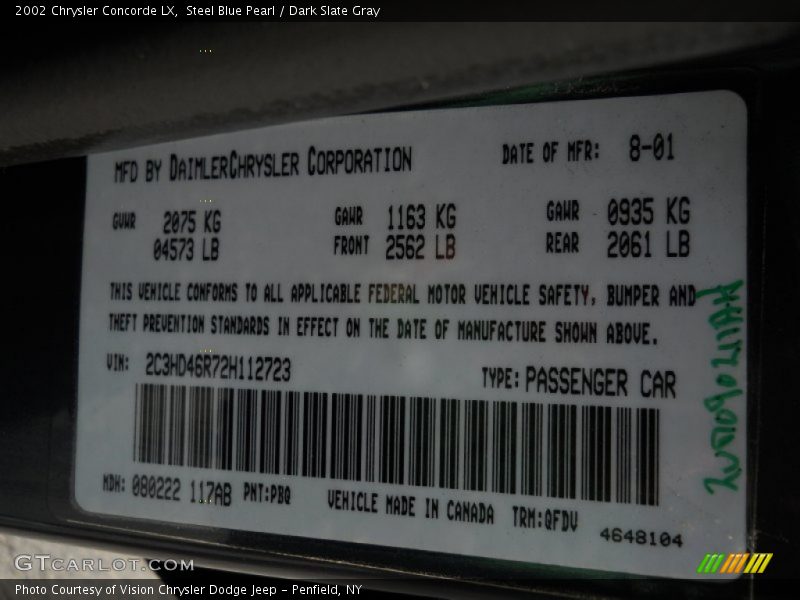 Steel Blue Pearl / Dark Slate Gray 2002 Chrysler Concorde LX