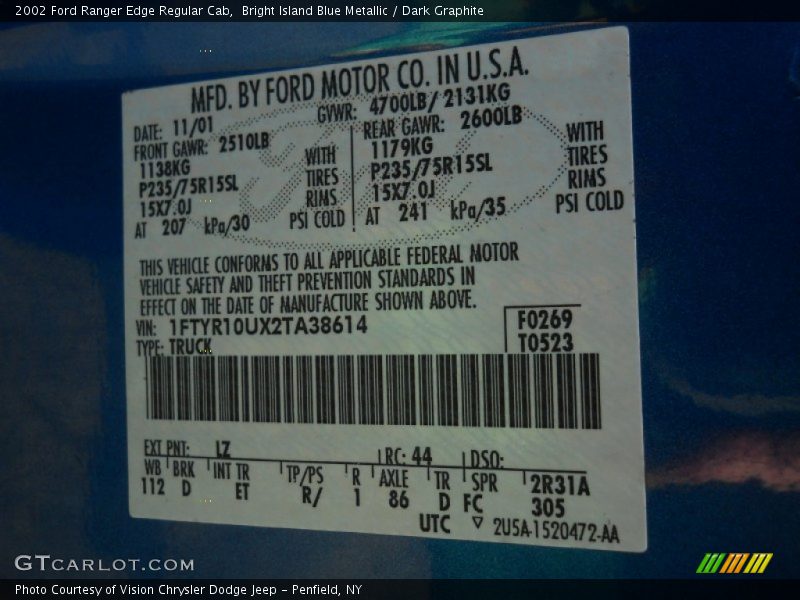 2002 Ranger Edge Regular Cab Bright Island Blue Metallic Color Code LZ