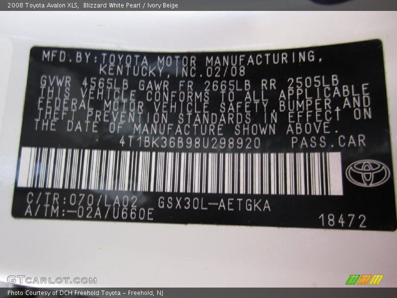 Blizzard White Pearl / Ivory Beige 2008 Toyota Avalon XLS