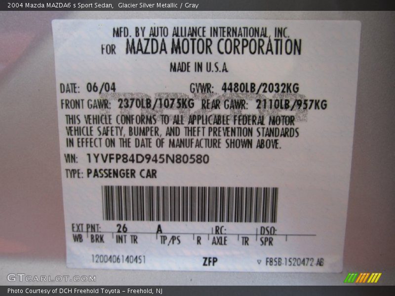 2004 MAZDA6 s Sport Sedan Glacier Silver Metallic Color Code 26A