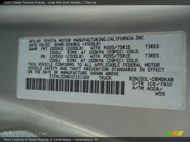 2003 Tacoma Xtracab Lunar Mist Silver Metallic Color Code 1C8