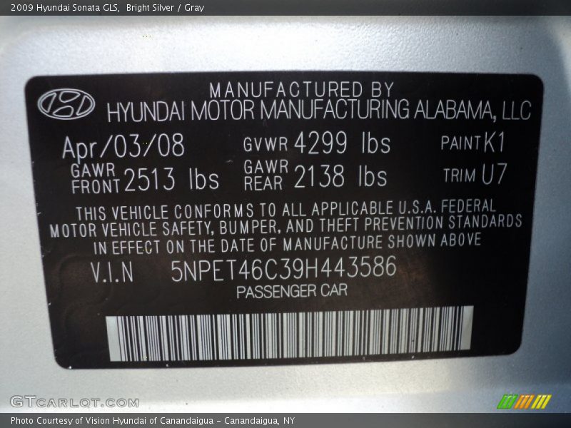 Bright Silver / Gray 2009 Hyundai Sonata GLS