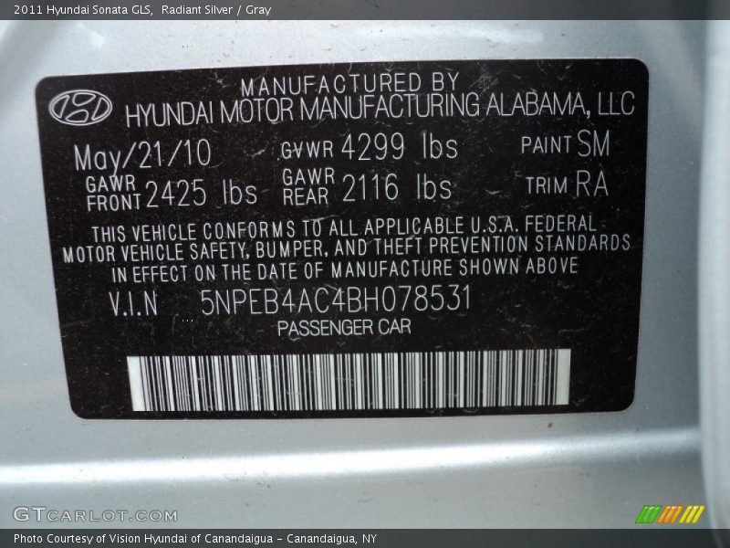 Radiant Silver / Gray 2011 Hyundai Sonata GLS