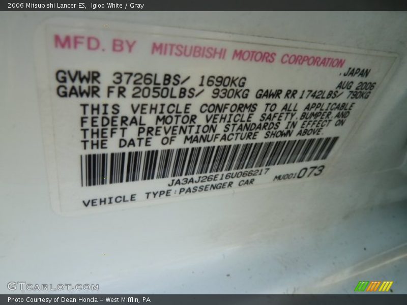Igloo White / Gray 2006 Mitsubishi Lancer ES