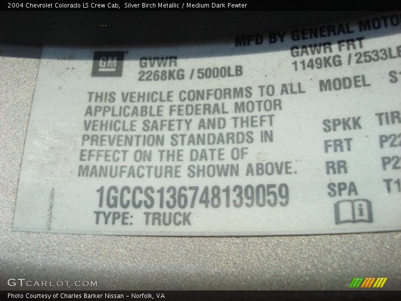 Info Tag of 2004 Colorado LS Crew Cab