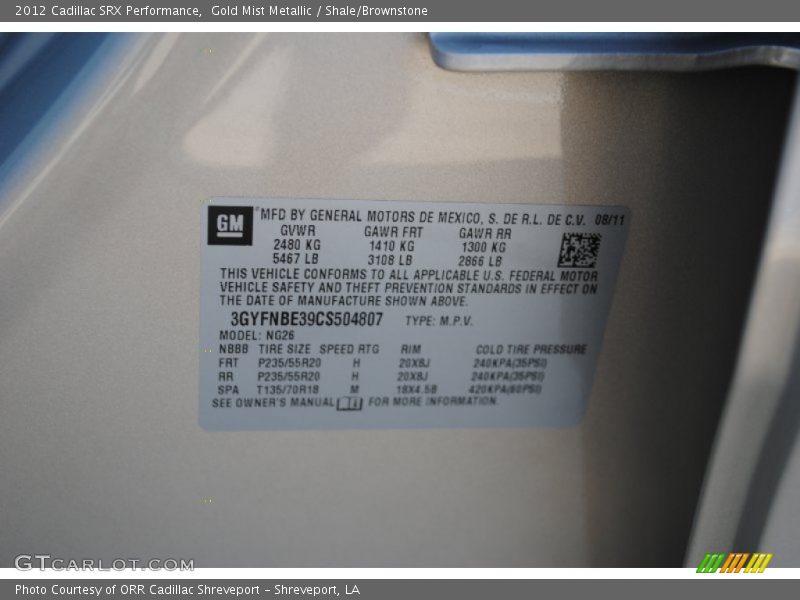 Gold Mist Metallic / Shale/Brownstone 2012 Cadillac SRX Performance